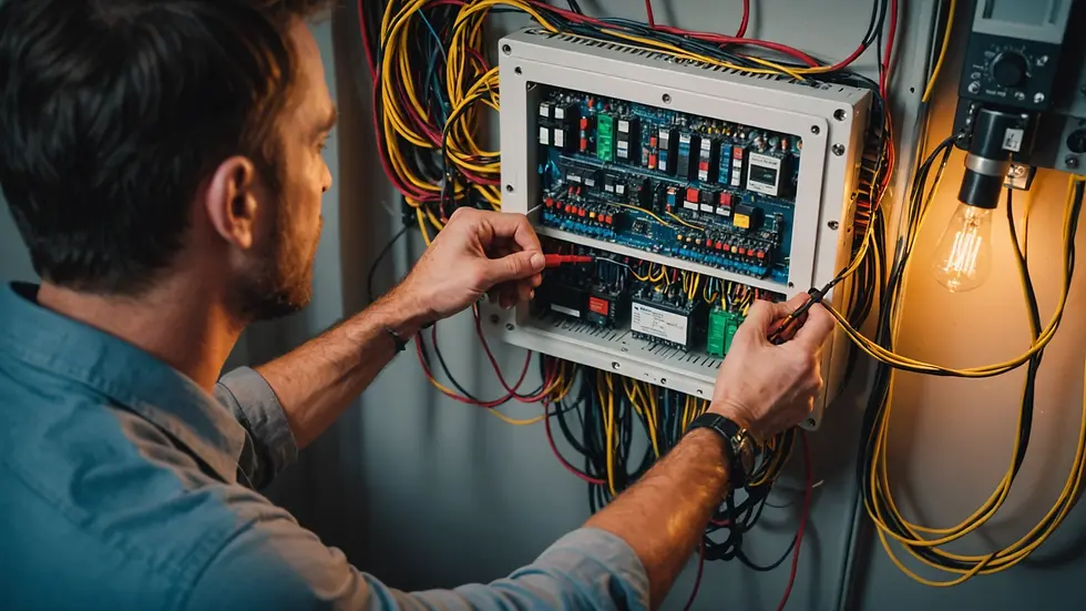 High angle view of a professional electrician assessing a home wiring system