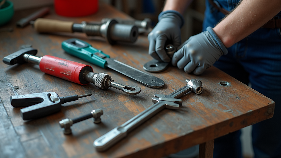 High angle view of a plumbing toolset laid out for repair work