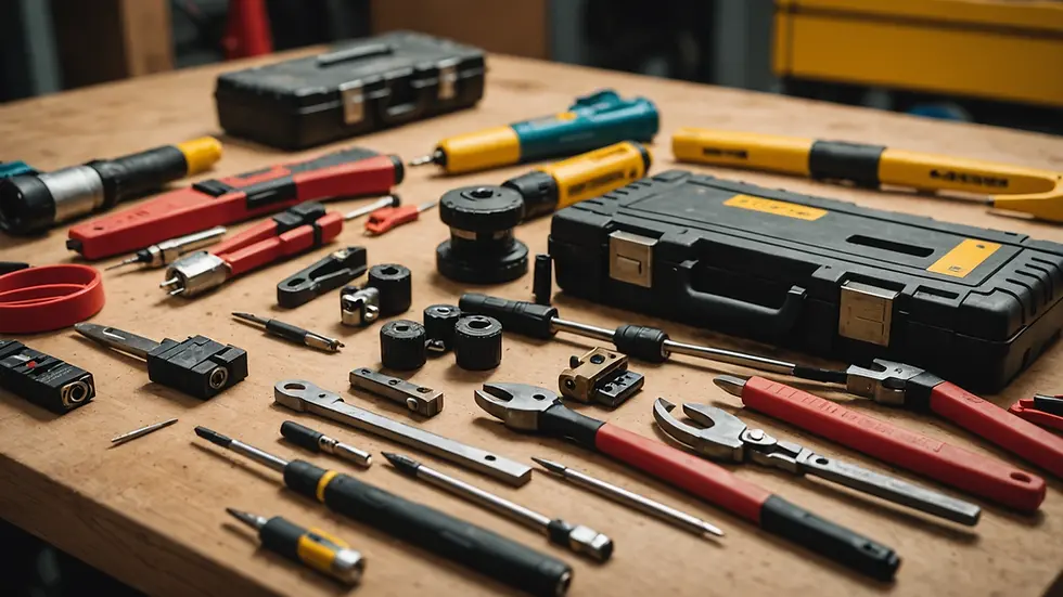 Eye-level view of an electrician's tool set on a workbench