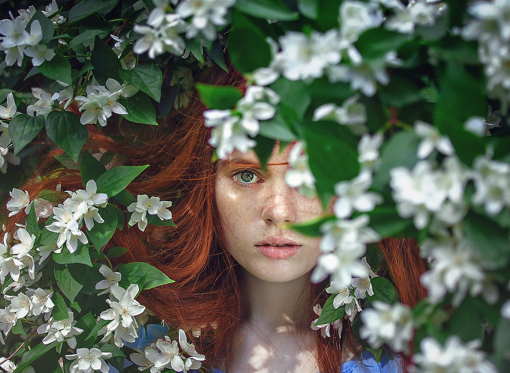 Green eye girl in jasmine bush