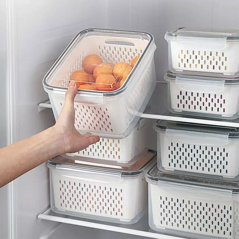 Fridge Organizer Storage Bins with Drain Basket for Produce