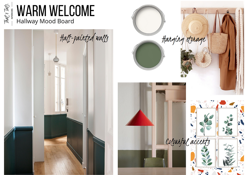 Small dark hallway inspiration, half-painted wall, peg rail, fun colour clocking, pops of colour