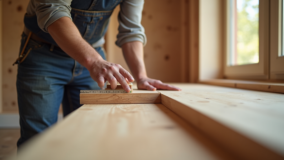 Close-up view of contractor measuring wood for home addition project