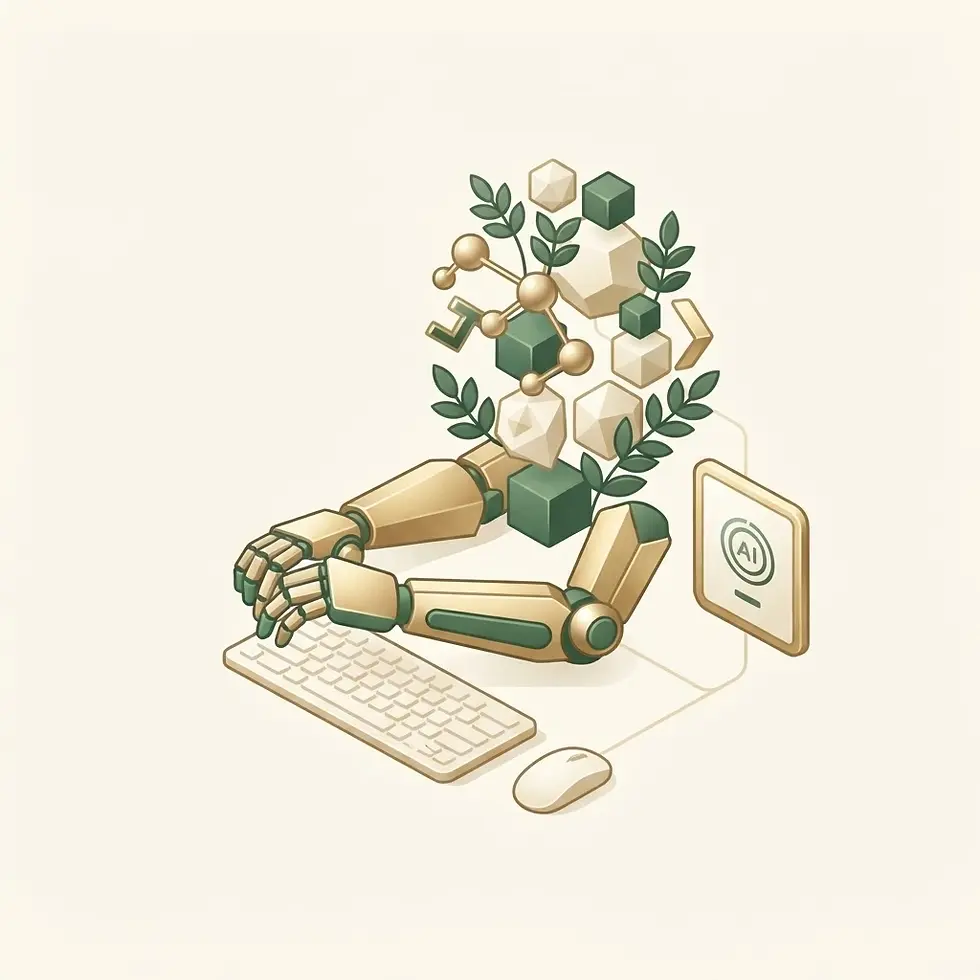 Isometric digital illustration of robotic arms typing on a keyboard, with an abstract geometric cloud of leaves and shapes in place of a head. The style is minimalist and elegant, symbolizing sustainable or organic artificial intelligence.