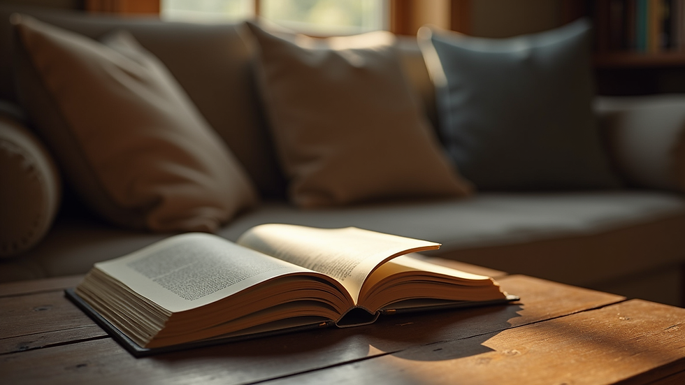 Eye-level view of a cozy reading nook with a stack of books