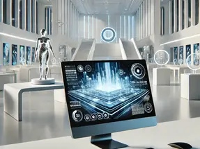 Futuristic gallery with a digital display showing a hologram, silver mannequin, and minimalistic decor. Bright, sleek, and modern ambiance.