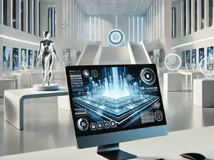 Futuristic gallery with a digital display showing a hologram, silver mannequin, and minimalistic decor. Bright, sleek, and modern ambiance.
