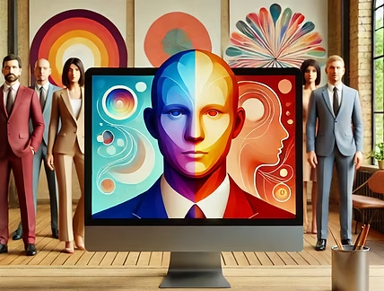 Colorful digital art on a computer screen with abstract faces. Five suited figures stand behind in an art gallery setting. Vibrant mood.