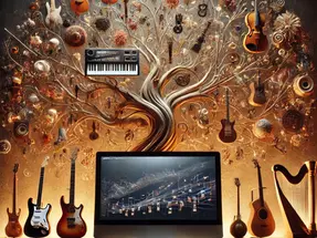 Computer screen shows musical notes. A tree with instruments like guitars, violin, and keyboard grows behind it. Warm, creative atmosphere.