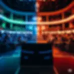 Laptop on stage in a modern auditorium with two-toned lighting, facing an audience seated in circular tiers. The mood is professional.