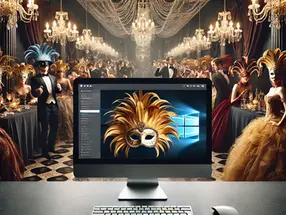 Masquerade ball scene with attendees in ornate masks and gowns under chandeliers. A computer on a table displays a feathered mask image.