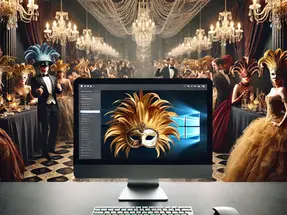 Masquerade ball scene with attendees in ornate masks and gowns under chandeliers. A computer on a table displays a feathered mask image.