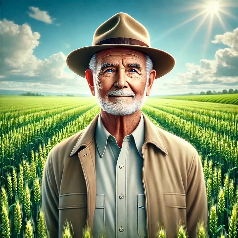 Elderly man with a white beard in a hat and beige jacket stands in a sunlit wheat field, smiling under a bright blue sky.