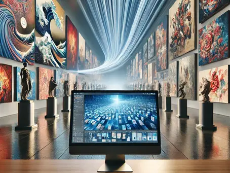 A computer on a wooden desk displays digital art. The background shows a gallery of vibrant paintings and sculptures, with dynamic light trails.