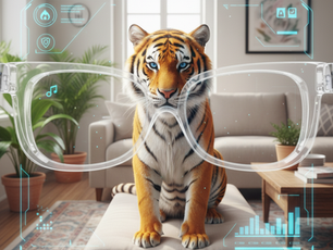 A tiger sits on a beige ottoman in a cozy living room, wearing large virtual glasses with floating data icons and a calm expression.