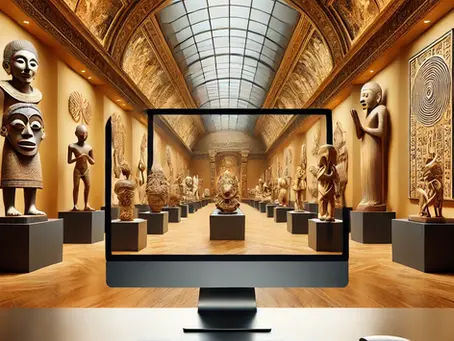 A computer screen displays a museum gallery of tribal sculptures on black pedestals, set in a richly decorated hall with a glass ceiling.