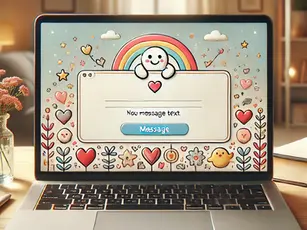 Laptop screen displaying a cute messaging app with rainbows and hearts. Text reads "New message text. Message." Cozy room setting.