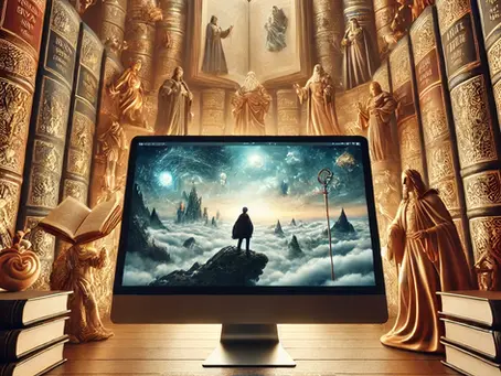 Computer with a fantasy landscape on screen, surrounded by ornate books and statues in warm light, creating a mystical atmosphere.
