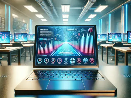 Laptop with colorful data graphs on screen in a futuristic computer lab. Blue neon lights illuminate multiple workstations in the background.