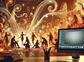 Digital art scene with people silhouetted against swirling, colorful energy patterns. A computer and desk in the foreground; creative ambiance.