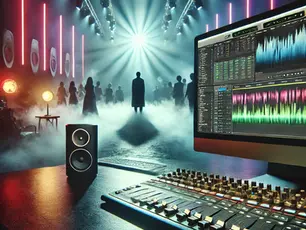 Recording studio with a mixing console and screen showing audio waves. In the background, a foggy stage with silhouettes and colorful lights.
