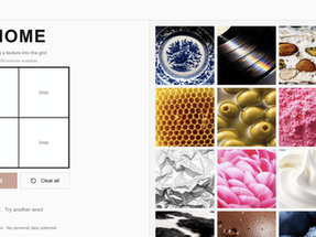 TEXTUREGRID homepage with a 4-slot drop grid, Submit and Clear all buttons, and a gallery of colorful texture thumbnails on the right