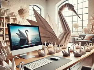 A loft with a large origami swan beside a computer showing a swan image. Smaller swans cover a wooden desk; large windows in the background.