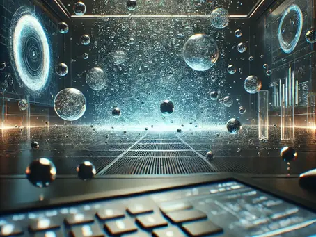 Futuristic digital room with floating bubbles, glowing interfaces, and holographic displays. A keyboard lies in the foreground.
