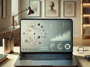 A laptop on a desk shows data charts and abstract designs. A lamp and book rest nearby. Art on the beige wall. Calm workspace ambiance.