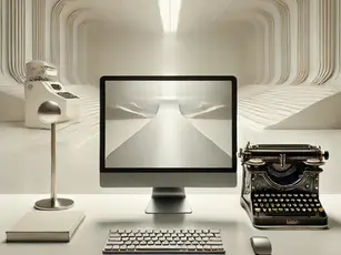 Futuristic office with a computer, vintage typewriter, and retro phone. Sleek white design, minimalist vibe, and a calm, spacious setting.
