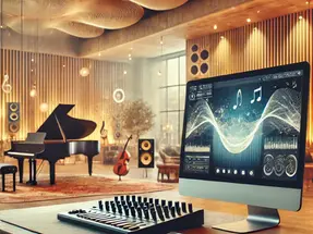 Music studio with a computer displaying musical software, a mixer, and a grand piano. Warm lighting, acoustic panels, and speakers set a creative mood.