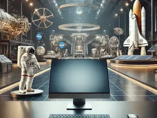 A space museum exhibit features a computer on a desk, an astronaut suit, and a space shuttle model, with dim lighting and NASA logos.