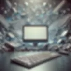 A computer monitor and keyboard in a surreal setting with floating tech gadgets, creating a futuristic, dynamic atmosphere.