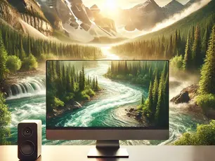 Desktop setup with a monitor displaying a lush mountain landscape. Bright sunrise, green pines, flowing river. Speaker, keyboard, mouse present.