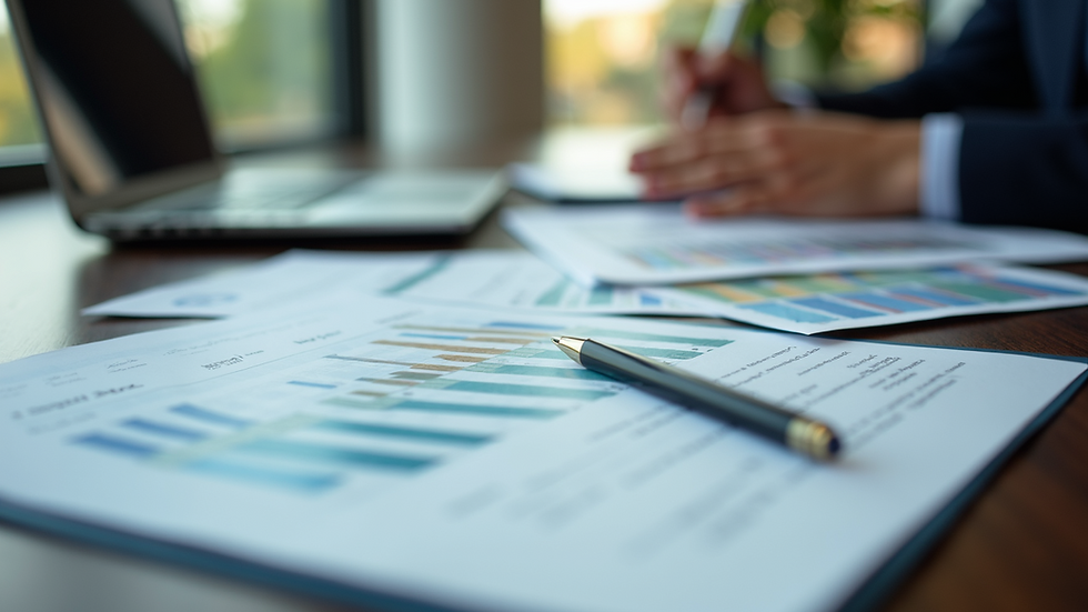 Vue d'ensemble d'un bureau avec des documents financiers et un ordinateur portable