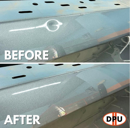 Before and after of a large dent on the side of a car roof