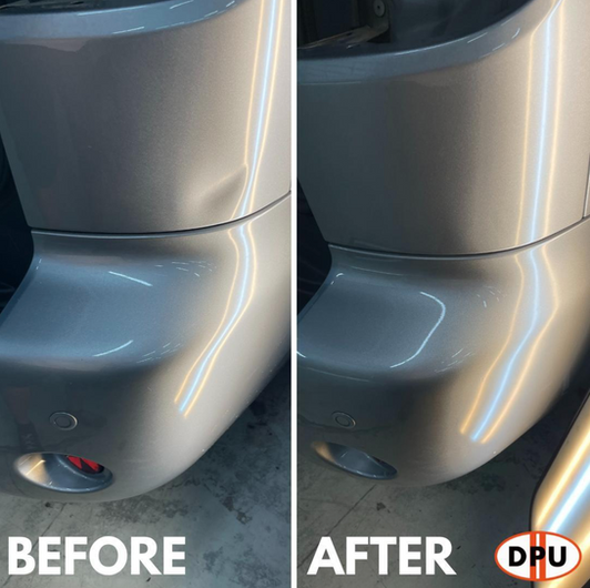 Before and after a dent on a grey car's fender