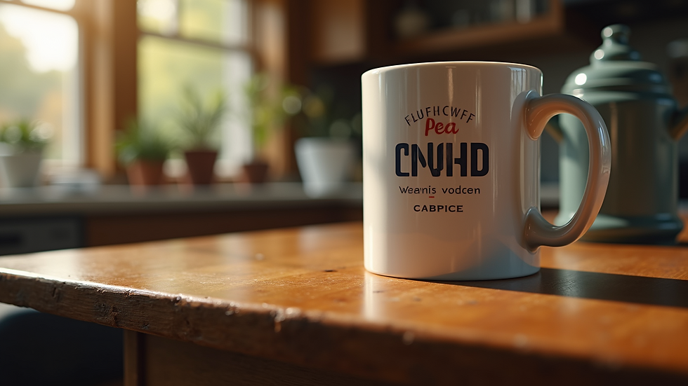 Close-up view of a personalized mug with a logo
