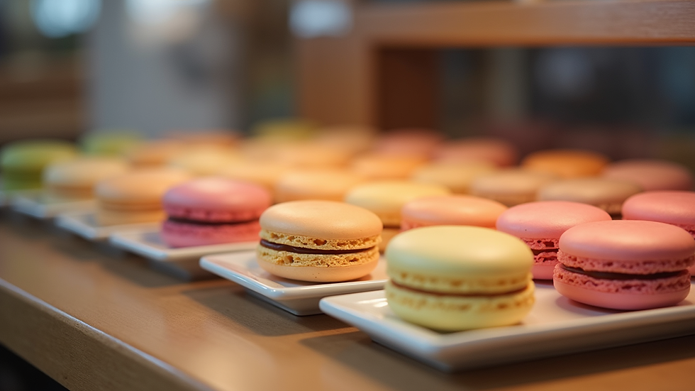 Nahaufnahme von bunten Macarons in einer Patisserie