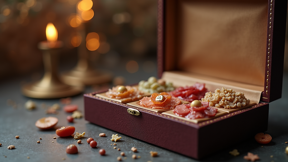 Nahaufnahme einer eleganten Pralinenbox mit verschiedenen Sorten