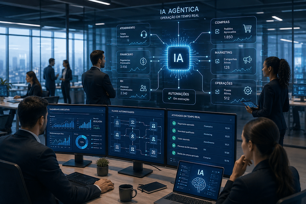 Profissionais acompanham operações automatizadas em tempo real enquanto agentes de inteligência artificial conectam setores, analisam dados e integram processos corporativos em ambiente digital de alta performance.