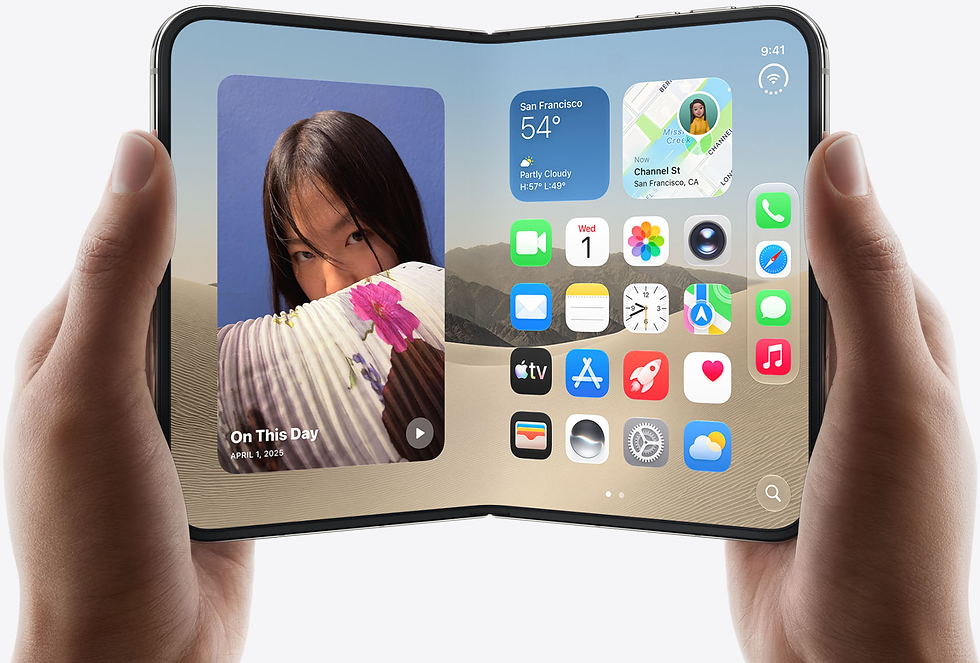 O iPhone Duo aberto revela sua tela Super Retina XDR dobrável de 7,6 polegadas, destacando a nova proposta da Apple de combinar portabilidade, multitarefa e uma experiência de tela ampliada em um único dispositivo. Fonte da imagem: Apple — site oficial do iPhone Duo