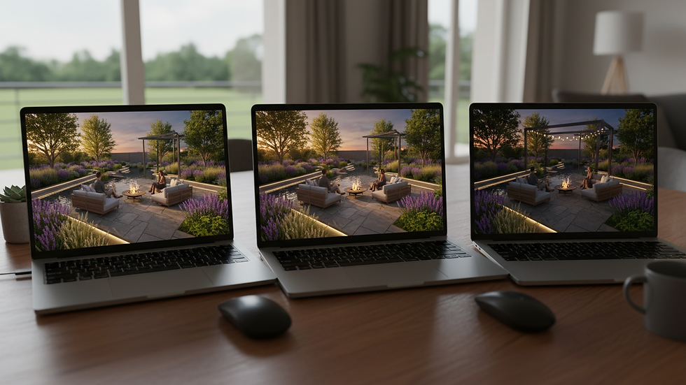 high angle view of a digital 3D garden model on a laptop