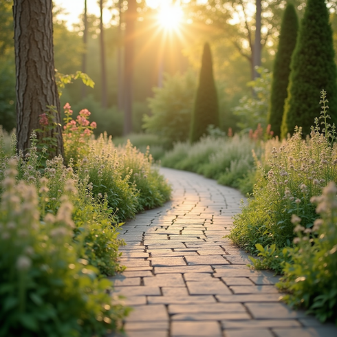 Natürlicher Gartenweg mit Staudenpflanzung und warmer Abendsonne als Beispiel für Gartengestaltung in der Ortenau