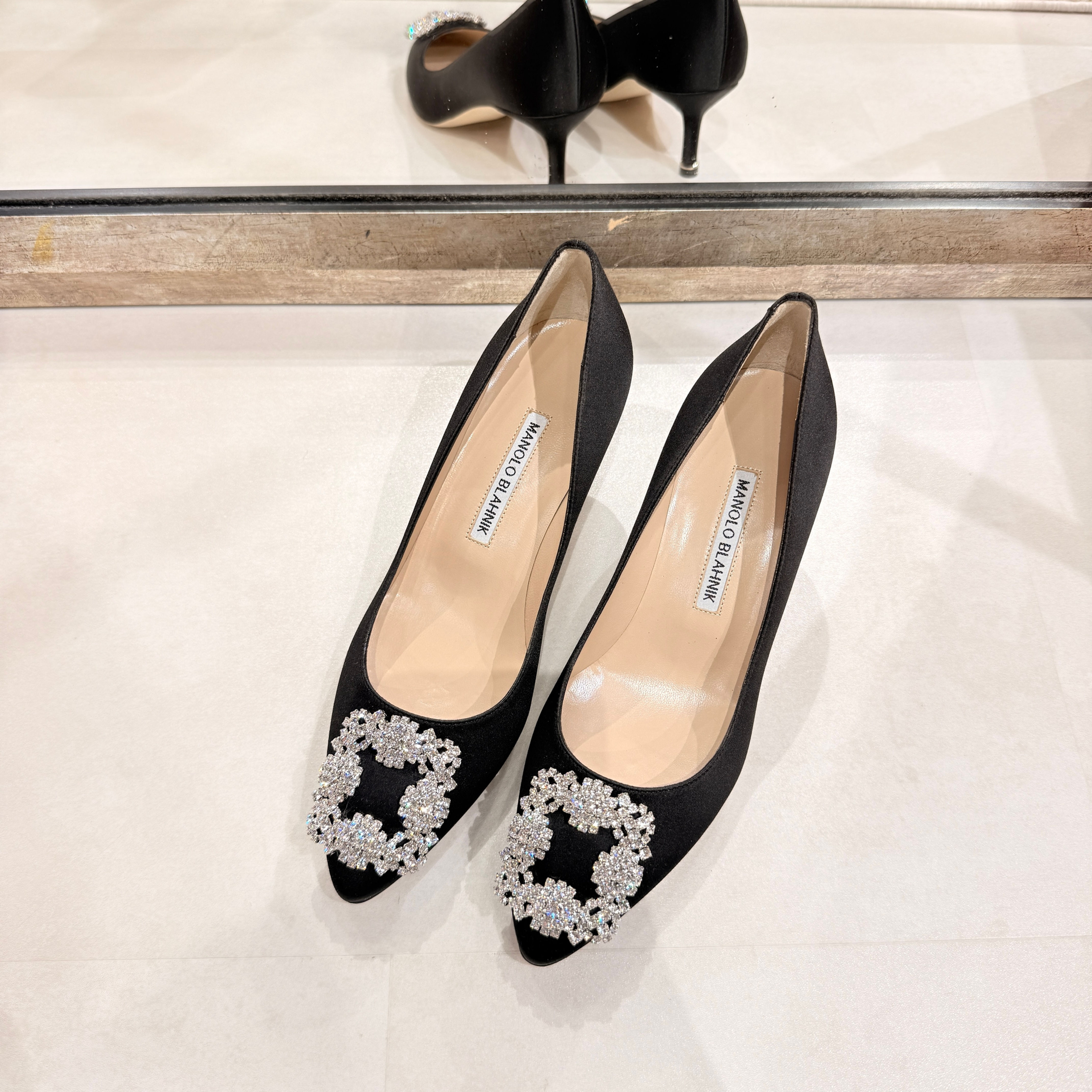 Manolo Blahnik Hangisi 50 Clear Crystal Satin in Black 