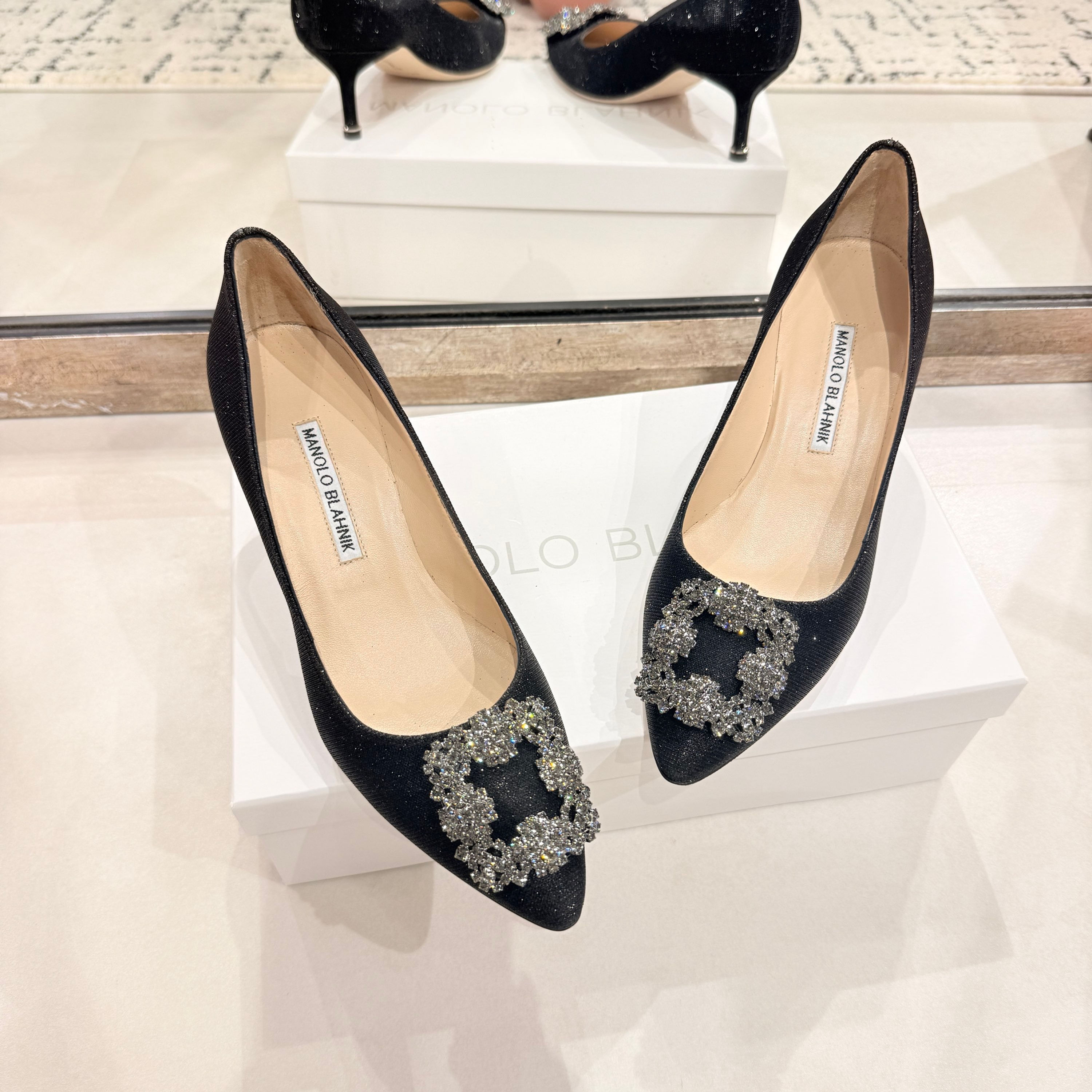Manolo Blahnik Hangisi 5cm Glitter Black with Jewel Buckle 