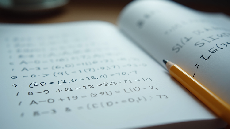 Close-up of math workbook with solved equations and notes