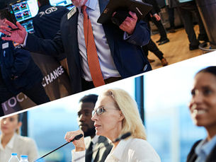 Split image showing a trader on a stock exchange floor above and an executive meeting below, illustrating market narratives versus operational reality.