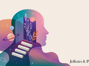Illustration of two overlapping human silhouettes with an open doorway and steps leading into a starry, abstract landscape.