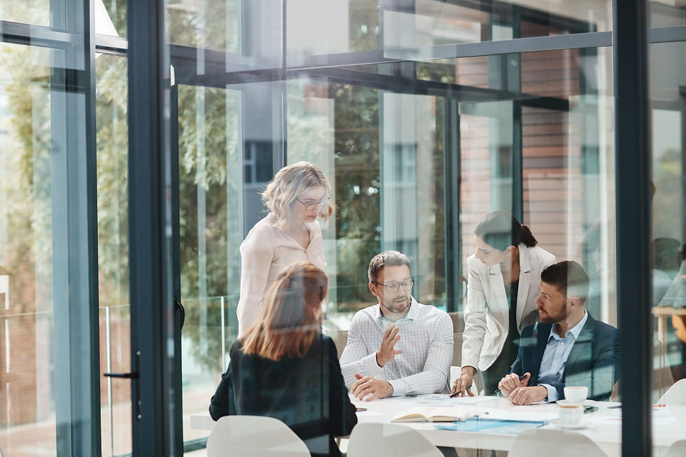 Consultants discussing business solutions in a meeting room